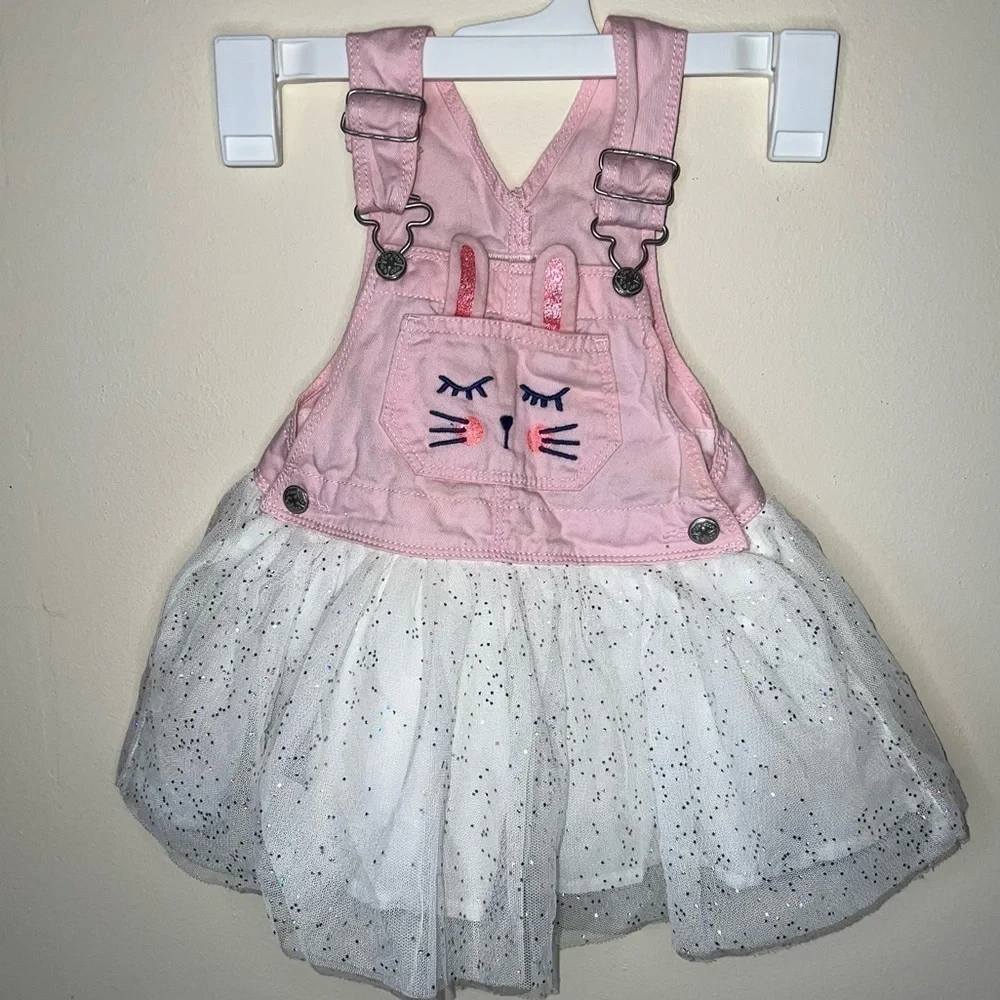 Oshkosh B'Gosh Bunny Rabbit Tulle Overall Dress Pink White Sparkle Size 18 mos.